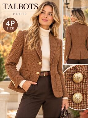 Talbots Petite 4P Wool Blend Houndstooth Blazer Brown Gold Buttons Academia